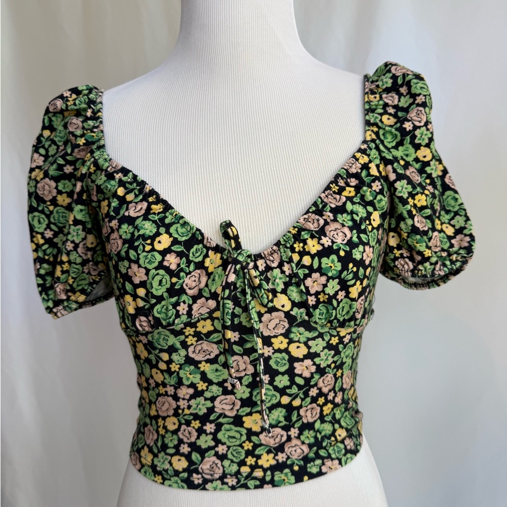 Miss Selfridge Floral Puff Sleeve Top - Green and Yellow size 2